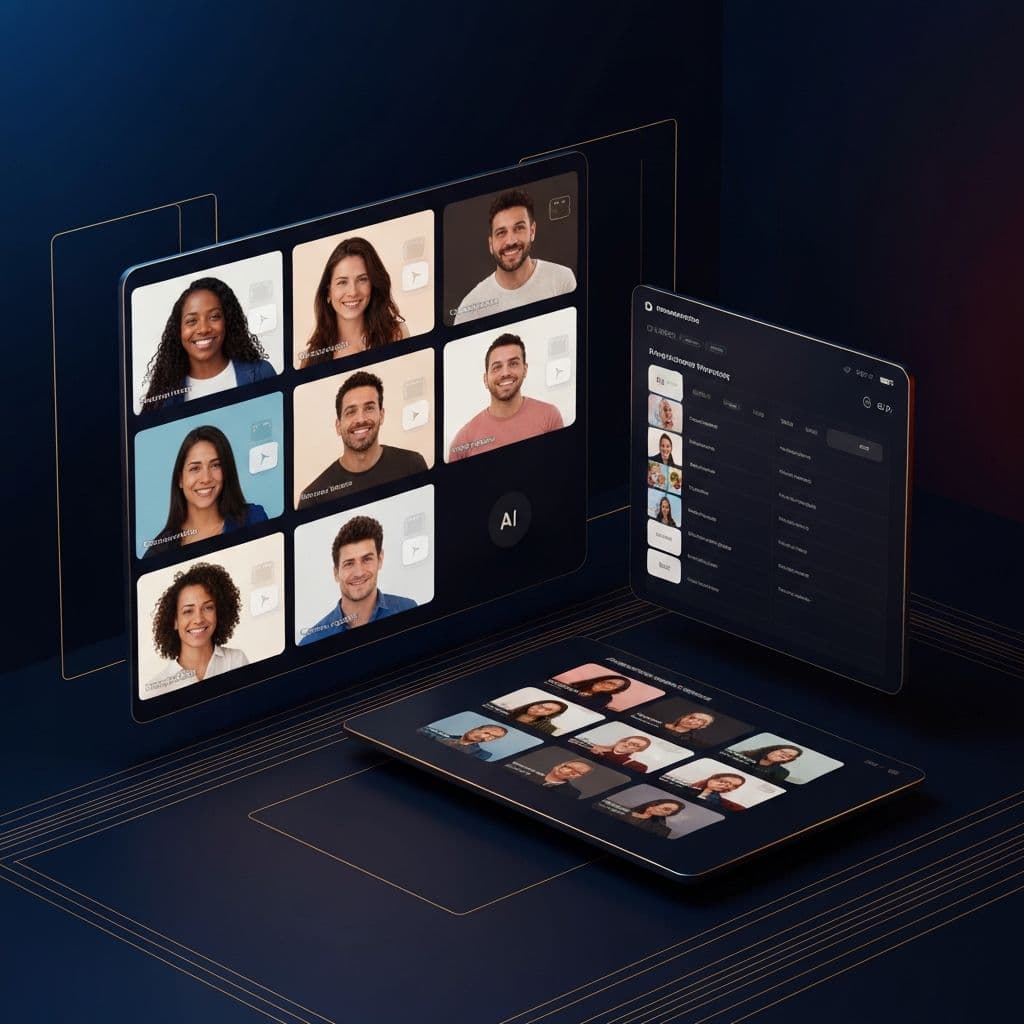 AI-powered UGC advertising showing grid of creator faces and video thumbnails generated by AI on performance marketing dashboards