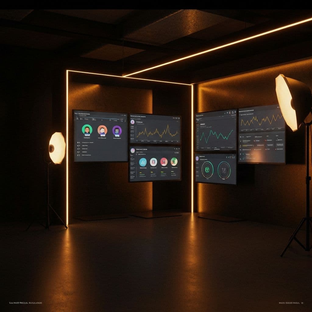 Building media brands in public showing content studio with live streaming setup and social analytics dashboards