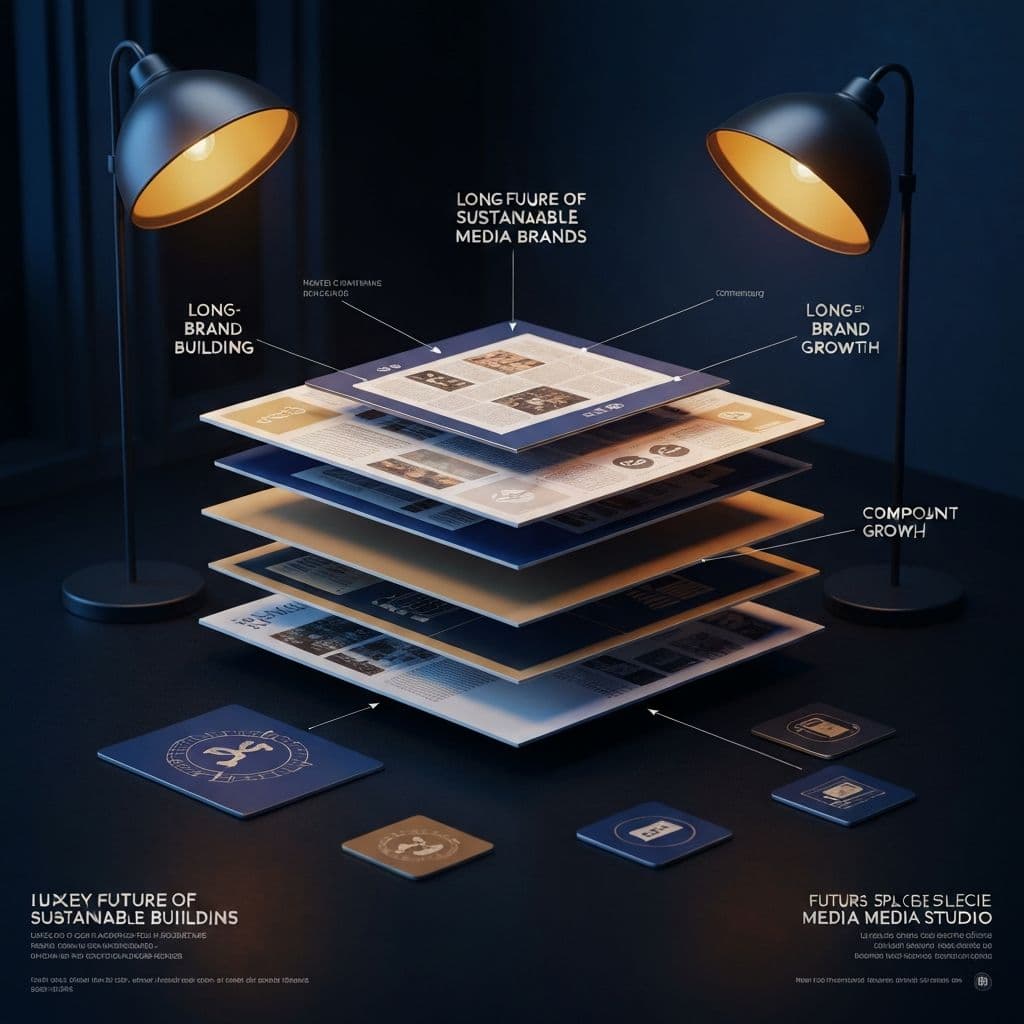 Future of sustainable media brands showing long-term brand building with layered media ecosystem and compound growth elements